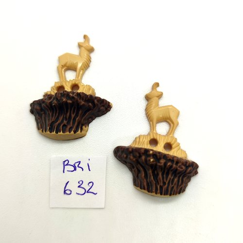 2 boutons fantaisie en résine beige et marron - un cerf - 23x30mm - bri632