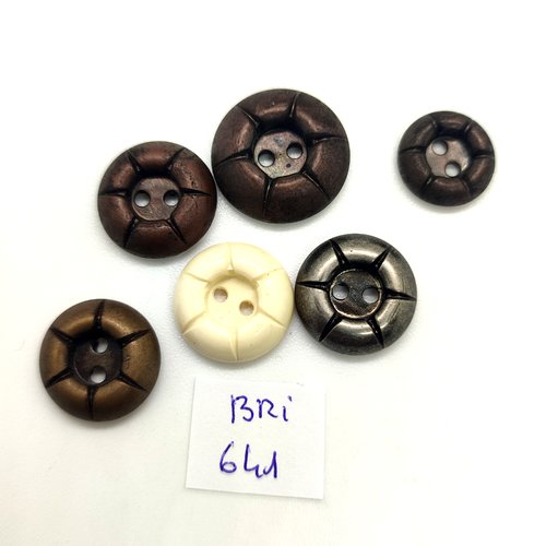 6 boutons en résine marron gris et blanc - 18mm - 15mm et 13mm - bri641
