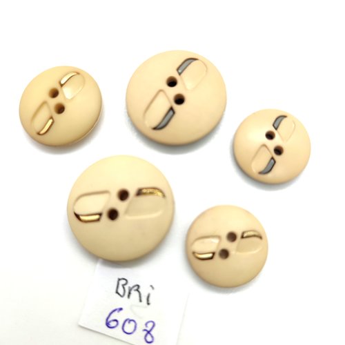 5 boutons en résine beige doré et argenté - 20mm - 18mm et 15mm - bri608