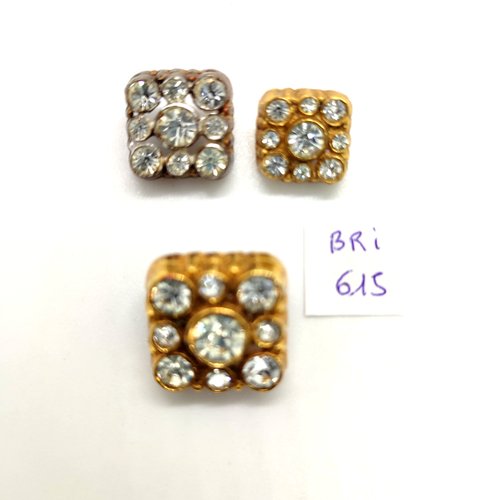 3 boutons en métal doré et argenté et strass - 18mm - 15mm et 13mm - bri616