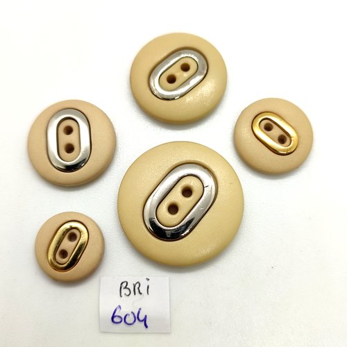 5 boutons en résine beige doré et argenté - taille diverse - bri604