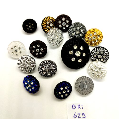 16 boutons en résine multicolore et strass - 23mm - 15mm et 11mm - bri629