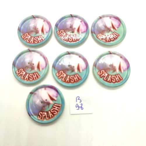 7 boutons fantaisie en résine vert et multicolore - un dauphin - 28mm - 98b