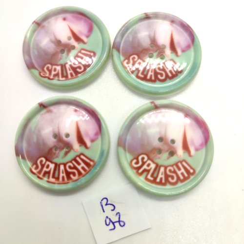 4 boutons fantaisie en résine vert clair et multicolore - un dauphin - 28mm - 98b