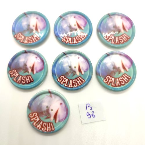 7 boutons fantaisie en résine bleu / vert et multicolore - un dauphin - 28mm - 98b
