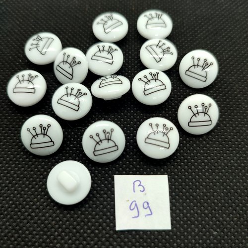 16 boutons fantaisie en résine blanc et noir - un pique aiguille - 13mm - 99b