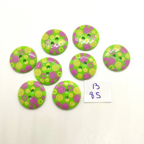 8 boutons en résine vert jaune et lilas - 18mm - 85b