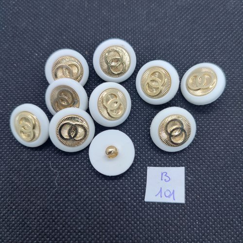 10 boutons en résine blanc et doré - 18mm - 101b