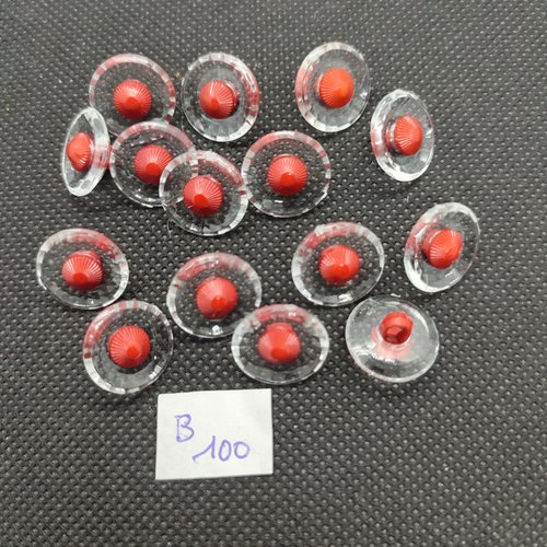 15 boutons en résine rouge foncé et transparent - 15mm - 100b