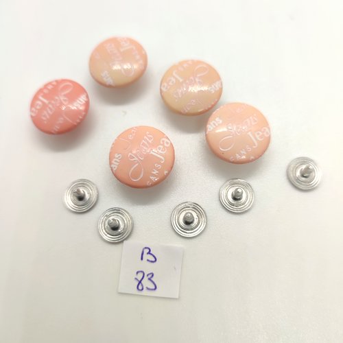 5 boutons pressions en résine rose clair et blanc - 16mm - 83b