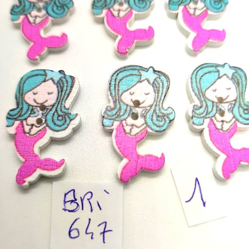 6 boutons fantaisie en bois bleu et rose - une sirène - 18x31mm - bri647