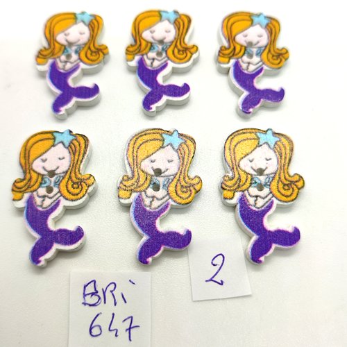 6 boutons fantaisie en bois jaune et violet - une sirène - 18x31mm - bri647