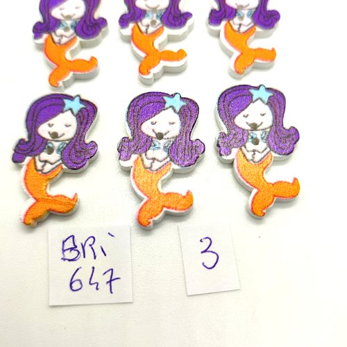 6 boutons en bois orange et violet - une sirène - 18x31mm - bri647