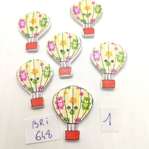 6 boutons fantaisie en bois multicolore - une montgolfière  - 23x30mm - bri648