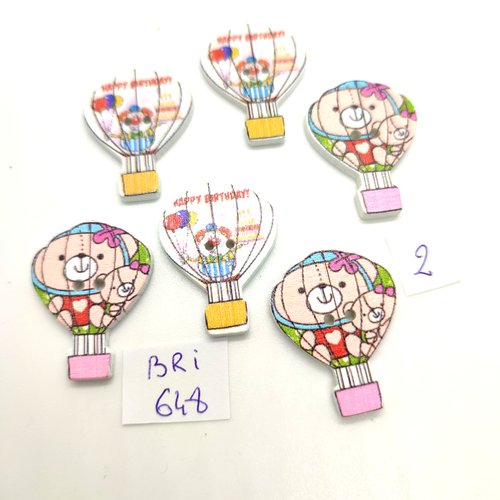 6 boutons fantaisie en bois multicolore - une montgolfière  - 23x30mm - bri648