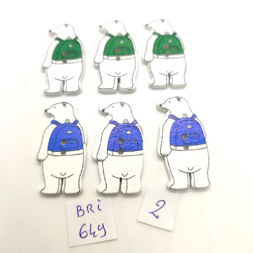 6 boutons fantaisie en bois vert bleu et blanc - un ours  - 18x35mm - bri649