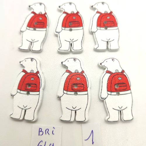 6 boutons fantaisie en bois rouge et blanc - un ours  - 18x35mm - bri649