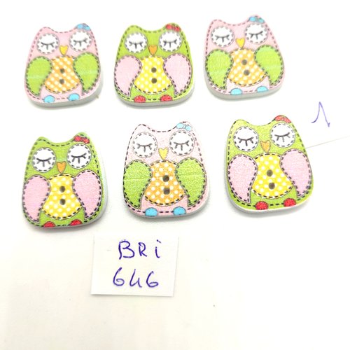 6 boutons fantaisie en bois vert et multicolore - une chouette  - 20x22mm - bri646
