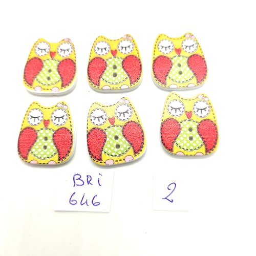 6 boutons fantaisie en bois jaune et multicolore - une chouette  - 20x22mm - bri646