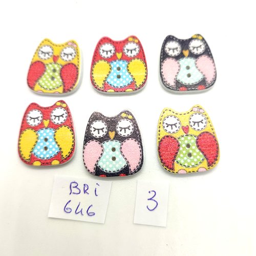 6 boutons fantaisie en bois multicolore - une chouette  - 20x22mm - bri646