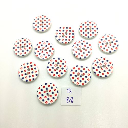 12 boutons en résine blanc rouge et bleu - 18mm - 88b