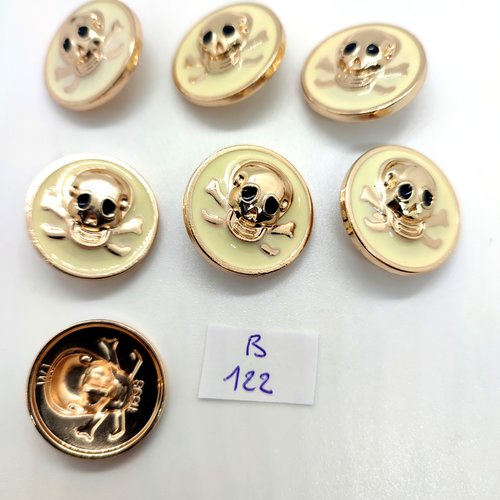 7 boutons en métal doré et émail blanc - tete de mort - 23mm - 122b