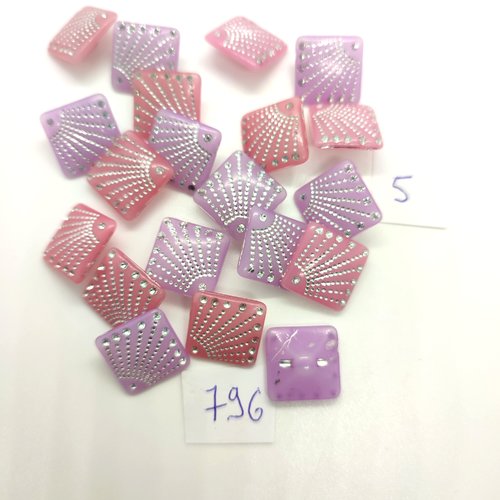 20 boutons en résine rose et lilas - 14mm - 796