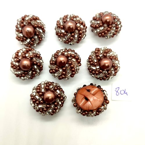 8 boutons en résine et perles marron et transparent - 24mm - 804