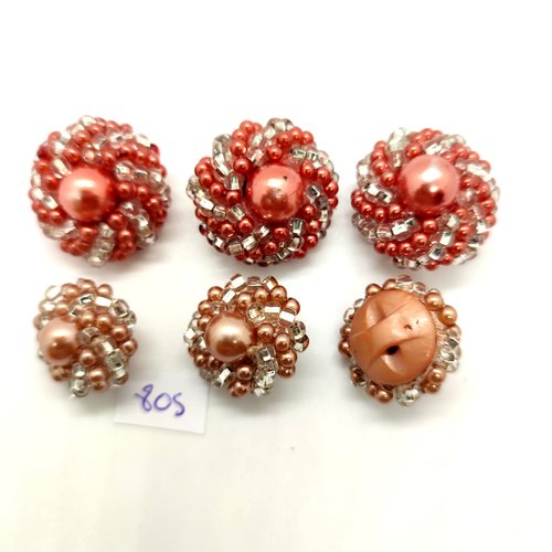 6 boutons en résine et perles transparent saumon et rose - 19mm et 24mm - 805