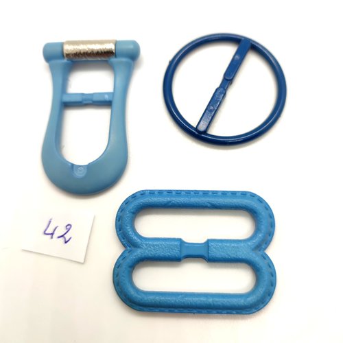 3 boucles de ceinture coulissante en résine ton bleu - 32x43mm - 30x47mm et 36mm