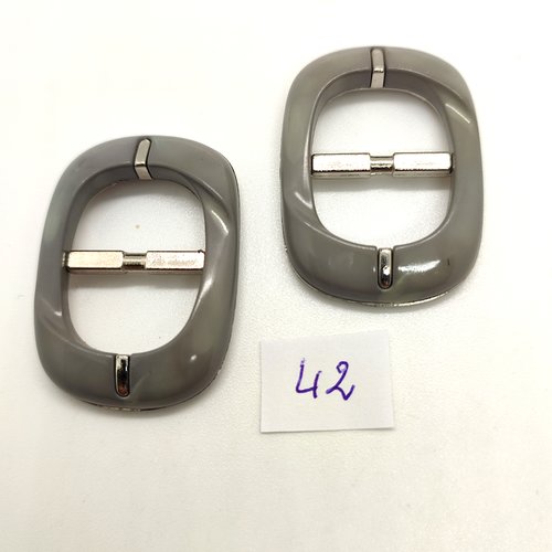 2 boucles de ceinture coulissante en résine gris et argenté - 30x43mm