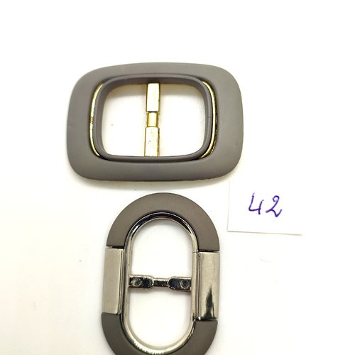 2 boucles de ceinture coulissante en résine gris et argenté - 29x45mm et 32x47mm