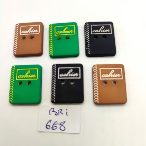 6 boutons fantaisie en bois multicolore - cahier - 15x18mm - bri668