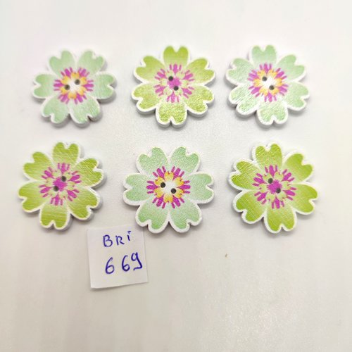 6 boutons fantaisie en bois vert - fleur - 24mm - bri669