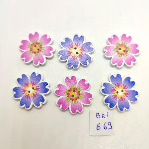 6 boutons fantaisie en bois rose et bleu - fleur - 24mm - bri669