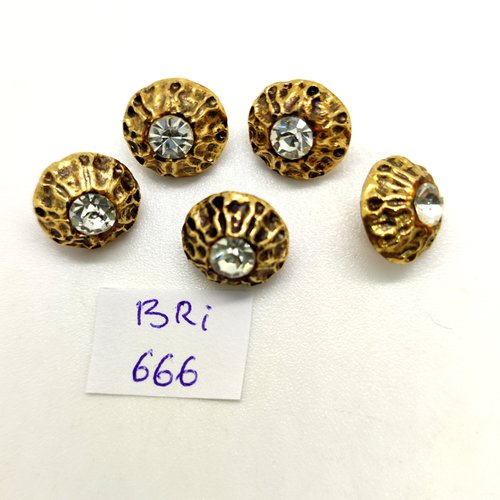 5 boutons en métal doré et strass - 12mm - bri666
