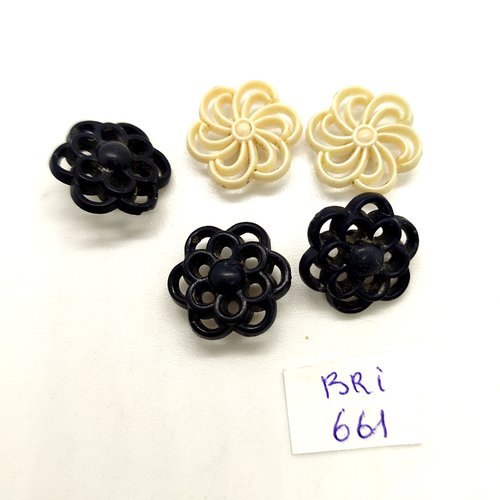 5 boutons en résine noir et écru - 17mm - bri661