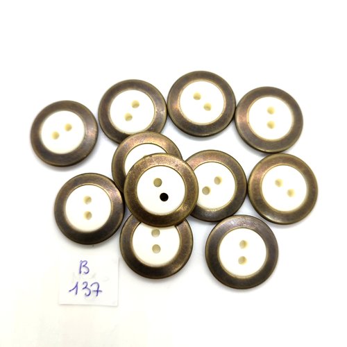 11 boutons en résine blanc et métal bronze - 20mm - 137b
