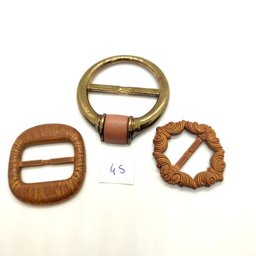3 boucles de ceinture coulissante en résine marron et doré - 56mm - 42x42mm et 40x45mm