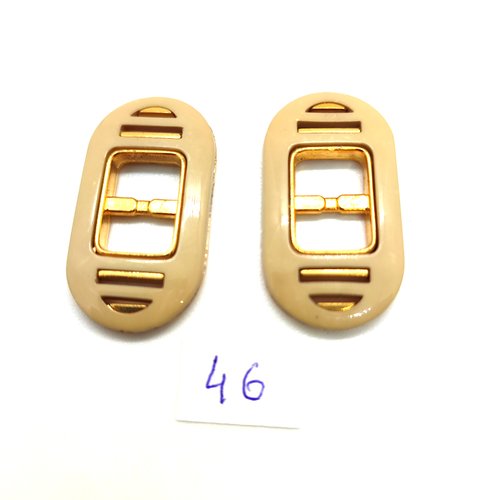 2 boucles de ceinture coulissante en résine beige et doré - 20x36mm