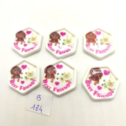 6 boutons fantaisie en résine multicolore et blanc - un chien - 28mm - 184b