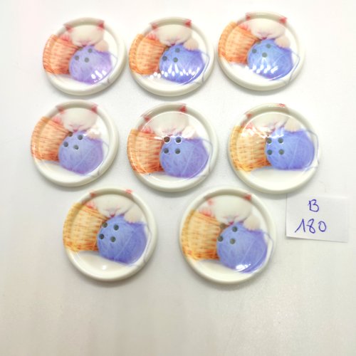 8 boutons fantaisie en résine fond blanc et multicolore - un chat - 28mm - 180b