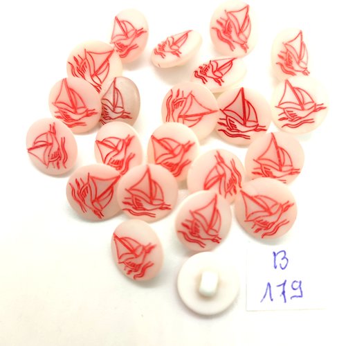 22 boutons fantaisie en résine fond blanc et bateau rouge - 13mm - 179b