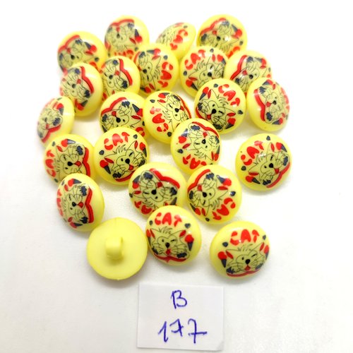 24 boutons fantaisie en résine fond jaune et multicolore - tete de chat - 13mm - 177b