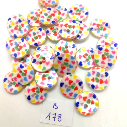 30 boutons fantaisie en résine multicolore - coeur - 13mm - 178b