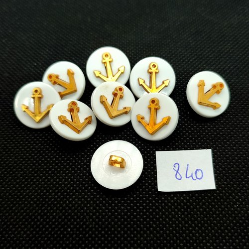 9 boutons en résine blanc et ancre doré - 18mm - 840