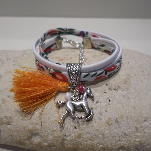 Bracelet cheval fille tissu liberty multicolore et cuir blanc, bijou personnalisé cadeau enfant