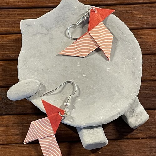 Boucles d'oreilles origami cocotte saumon vagues v2