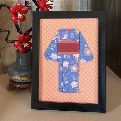 Cadre déco origami kimono fleurs bleues