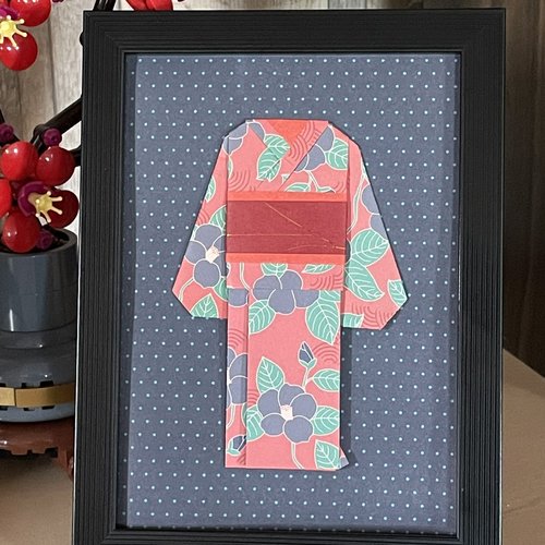 Cadre déco origami kimono grosses fleurs marine